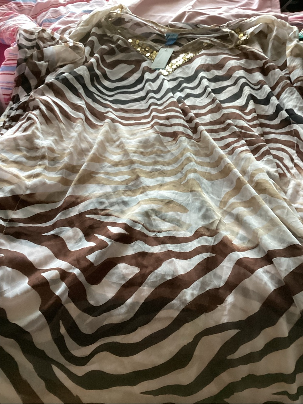 Women’s Brown Zebra-Stripe Swim Coverup with Sequin Detail